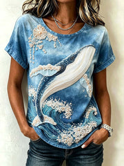 Damen-Tier-und Pflanzen blumen muster bedrucktes Kurzarm-T-Shirt