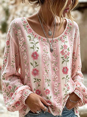 Damen-Hemd aus Baumwolle-Leinen mit Blumenmuster-Print