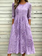 Frauen Elegantes lila Wisteria Kunstdruck Baumwoll Leinen kleid