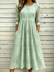Frauen Edles abstraktes FLoral Kunstdruck Baumwoll-Leinen kleid