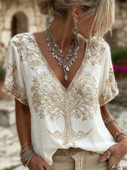 Damen-Edel-T-Shirt aus Leinen mit Blumenkunstdruck und Lebensbaum‑Motiv, kurzärmelig
