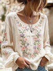 Damen-Hemd aus Baumwolle-Leinen mit Blumenmuster-Print
