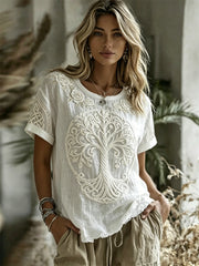 Damen-elegantes Wikinger-Lebensbaum-Rosen-Keltisches-Knotenmuster-Druck-Linon-T-Shirt mit kurzen Ärmeln