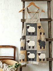 Damen-Vintage-Lätzschürze aus Leinen mit süßem Schaf-Design, Farbblock-Muster und kunstvollem Aufdruck