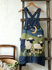 Damen-Schürze aus Leinen im Vintage-Stil mit Blumen-, Landschafts- und Schafmotiven