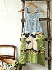 Damen-Vintage-Schürze aus Leinen mit Schaf-, Blumen- und Graslandmuster
