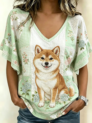 Damen-T-Shirt mit süßem Hunde-Print und Ärmeln