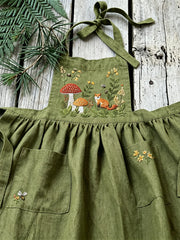 Damen-Vintage-Maxikittelkleid aus Leinen mit Wald‑Fuchs‑Pilz‑Blumenmuster und Plissee-Optik