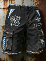 Herren-Shorts in Schwarz mit deutschem bayerischem Patchwork-Print, lässig für die Arbeit