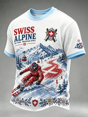 Herren-T-Shirt mit Skimotiv-Druck und Waffelstruktur, kurzärmelig
