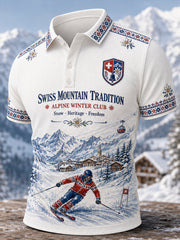 Herren-Poloshirt mit Ski-Print, Waffelstruktur und kurzen Ärmeln