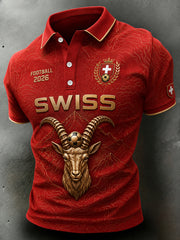 Herren-Poloshirt mit kurzen Ärmeln und Print-Elementen in Form von Fußball und Ziege