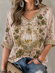 Damen-T-Shirt mit Riesling-Weinberg-Print und mittellangen Ärmeln