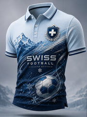 Herren-Kurzarm-Polo-Shirt mit Fußball-Themen bedruckt Waffel-Strick