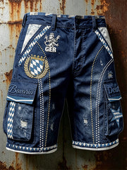 Herren-Vintage-Shorts in Marineblau, bayerisch-diamantgenähtes Patchwork mit Print, lässig für die Arbeit