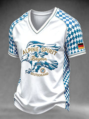 Herren-Casual-T-Shirt mit bayerischem Adler-Muster und Patchwork-Print, V-Ausschnitt