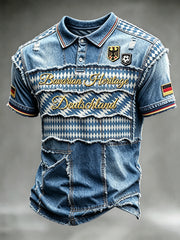 Herren-Fußball-Poloshirt im bayerisch inspirierten Denim-Patchwork-Design, lässig geschnitten
