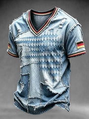 Herren-T-Shirt im deutschen bayerischen Diamantkaro-Denim-Stil mit Patchwork-Print und V-Ausschnitt