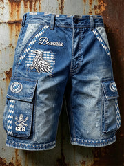 Herren-Shorts im deutschen bayerischen Diamantmuster aus Patchwork-Denim mit Print, lässig für die Arbeit
