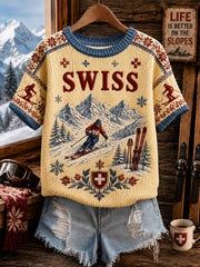 Damen-Strick-T-Shirt mit kurzem Ärmel im Ski-Stil