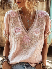 Damen-T-Shirt aus Baumwolle und Leinen mit retro-motiviertem, rosa Blumenmuster