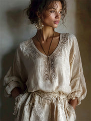 Damen-Bluse aus Leinen im Vintage-Stil mit Spitzenmuster, fließendem Schnitt und puffed Ärmeln