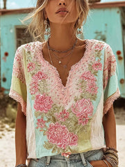 Damen-T-Shirt aus Baumwolle und Leinen mit retro-motiviertem, rosa Blumenmuster