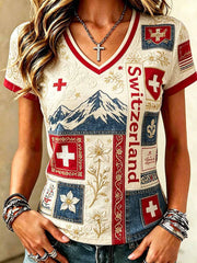 Damenmode T-Shirt mit Schweizer Muster-Print