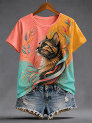 Damen-Alltags-T-Shirt mit Kunstkatzen-Print