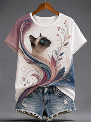 Damen-Alltags-T-Shirt mit Kunstkatzen-Print
