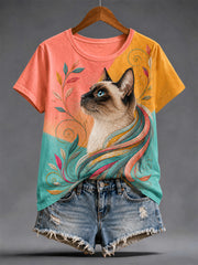 Damen-Alltags-T-Shirt mit Kunstkatzen-Print