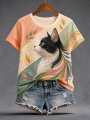 Damen-Alltags-T-Shirt mit Kunstkatzen-Print