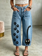 Damenhose mit Tierkatzen-Kunstdruck und Taschen