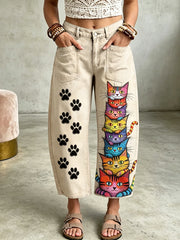 Damenhose mit Tierkatzen-Kunstdruck und Taschen