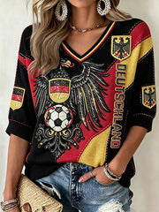 Damen-T-Shirt im Patchwork-Design mit deutschem Fußball-Eagle-Print, lässig mit V-Ausschnitt