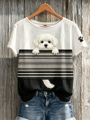 Damen-T-Shirt mit Farbblock-Print und aus dem Ärmel guckendem Malteser-Hund, kurze Ärmel