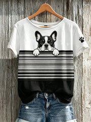 Damen-T-Shirt mit farbblockiertem Aufdruck, kurzen Ärmeln und einem versteckten Bulldoggen- sowie Pfotenmotiv