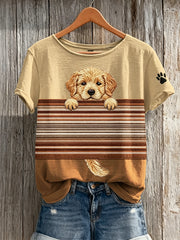 Damen-T-Shirt mit farbblockiertem Print und kurzen Ärmeln, mit einem goldenen Retriever, der hervorlugt