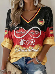 Damen-T-Shirt mit V-Ausschnitt, lässige Freizeitmode, Pailletten-Print zur deutschen Flagge, 2026