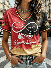Damen-T-Shirt 2026 Deutschland Fußball Pailletten-Print lässige Mode V-Ausschnitt