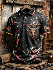 Herren-Retro-Poloshirt in Schwarz mit deutschem Wacken-Metal-Festival-Print im lässigen Punk-Stil