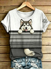 Damen-Hundestreifen bedrucktes Vintage-Mode-Lässiges Kurzarm-T-Shirt
