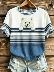 Damen-Hundestreifen bedrucktes Vintage-Mode-Lässiges Kurzarm-T-Shirt