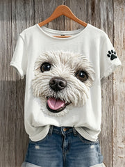 Damen-T-Shirt mit niedlichem Malteser-Hundegesicht und Pfotenabdruck-Print, kurzärmelig