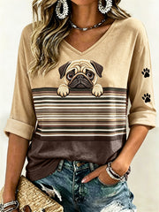 Damen-T-Shirt mit verstecktem Mops und Pfotenabdrucken, Color-Block-Print, mittellange Ärmel und V-Ausschnitt