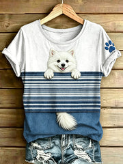Damen-Hundestreifen bedrucktes Vintage-Mode-Lässiges Kurzarm-T-Shirt