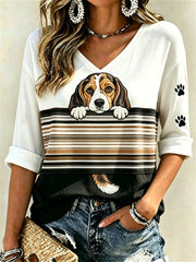 Damen-T-Shirt mit verstecktem Beagle und Pfotenabdrücken, Color-Block-Print, mittellange Ärmel und V-Ausschnitt