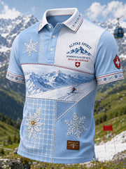 Herren-Poloshirt mit Ski-Print, waffelstrukturiertem Strick und kurzen Ärmeln