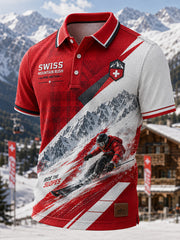 Herren-Poloshirt mit Ski-Print, waffelstrukturiertem Strick und kurzen Ärmeln