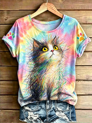Damen-T-Shirt mit Katzenmotiv-Print, im Vintage-Stil, modisch, locker geschnitten, kurze Ärmel